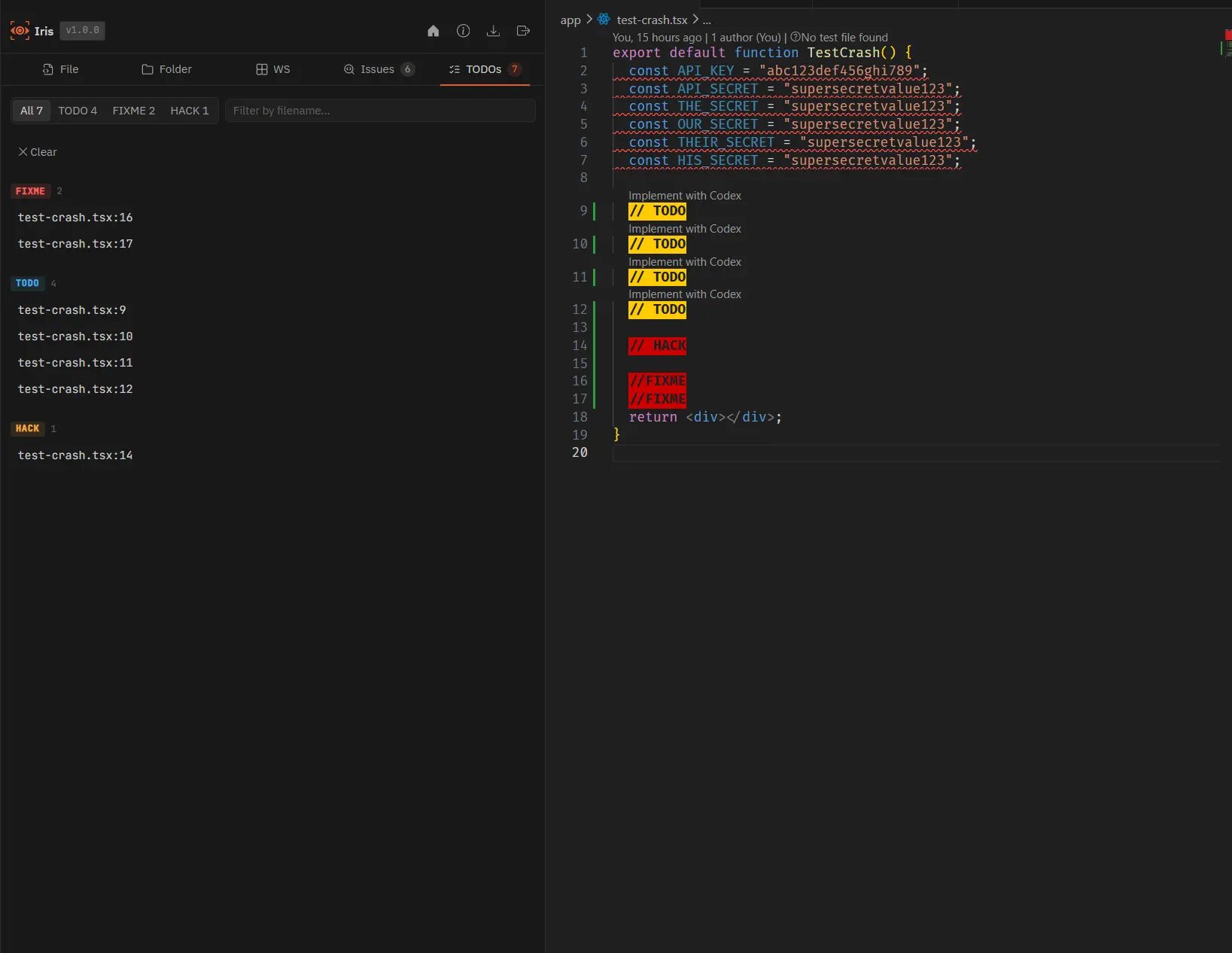 Iris TODOs tab showing TODO, FIXME, and HACK items grouped by type with file and line references