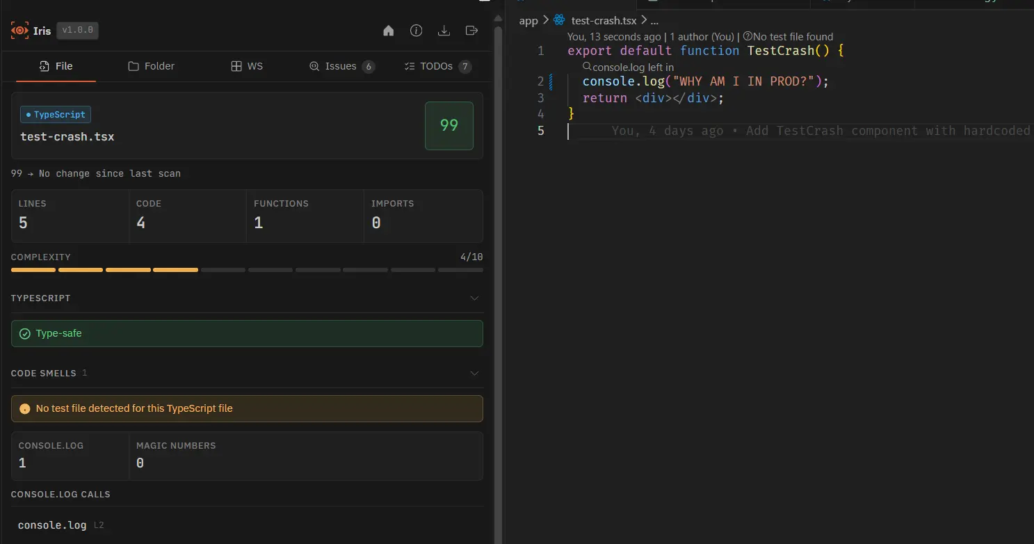 Iris CodeLens hint showing 'console.log left in' above a function in the editor