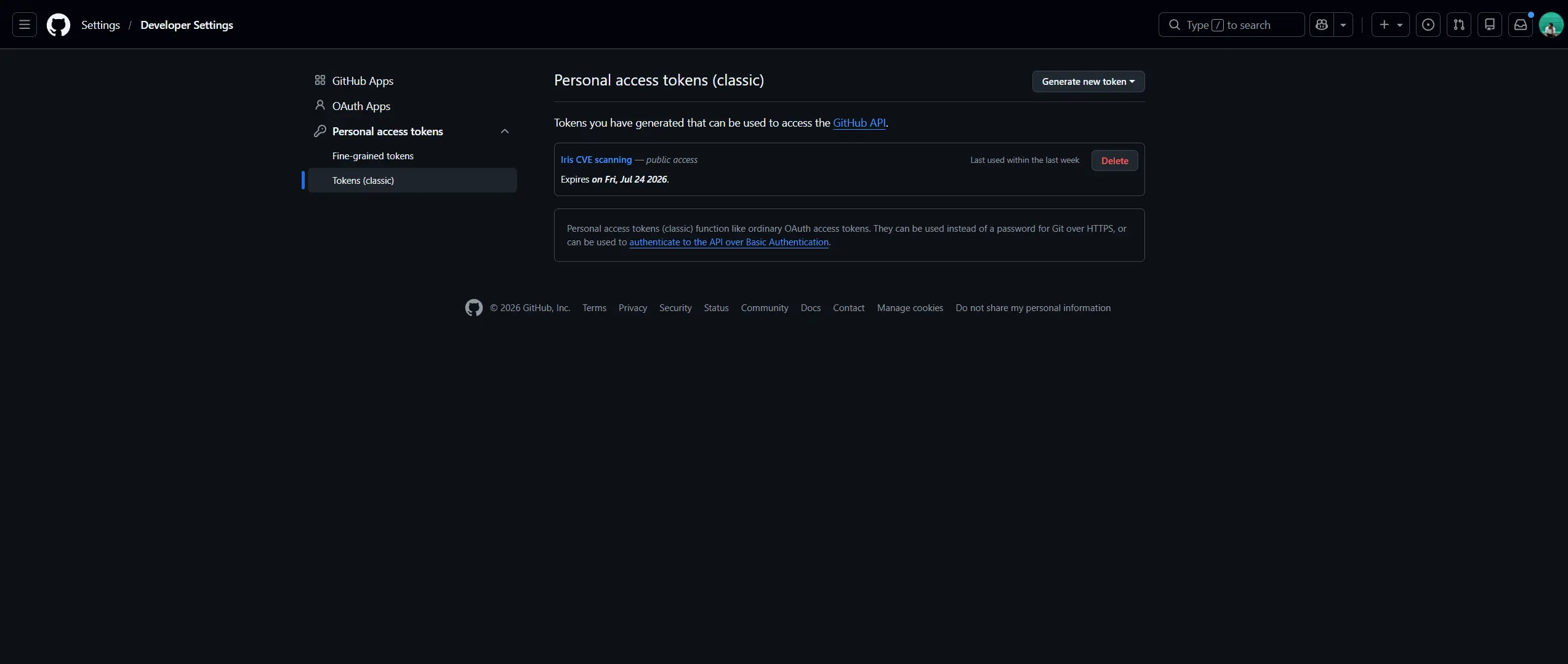 GitHub Developer Settings showing the Personal access tokens (classic) page
