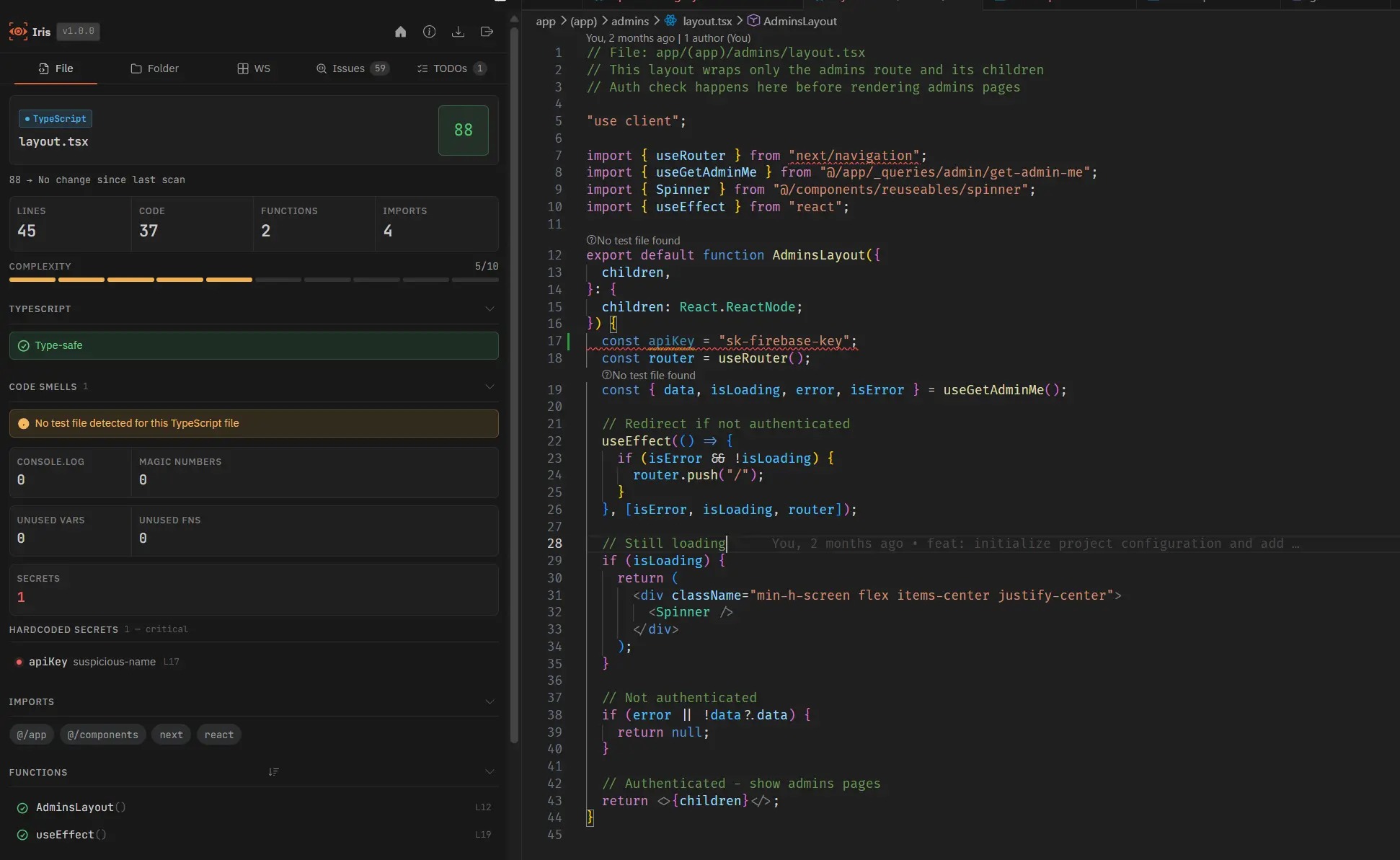 Iris sidebar showing a hardcoded secret detected with suspicious variable name and line number