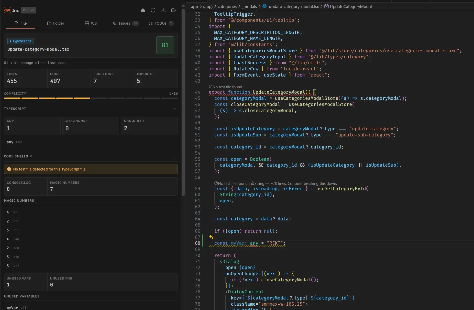 Iris sidebar showing TypeScript metrics and code smells alongside inline editor hints and squiggles
