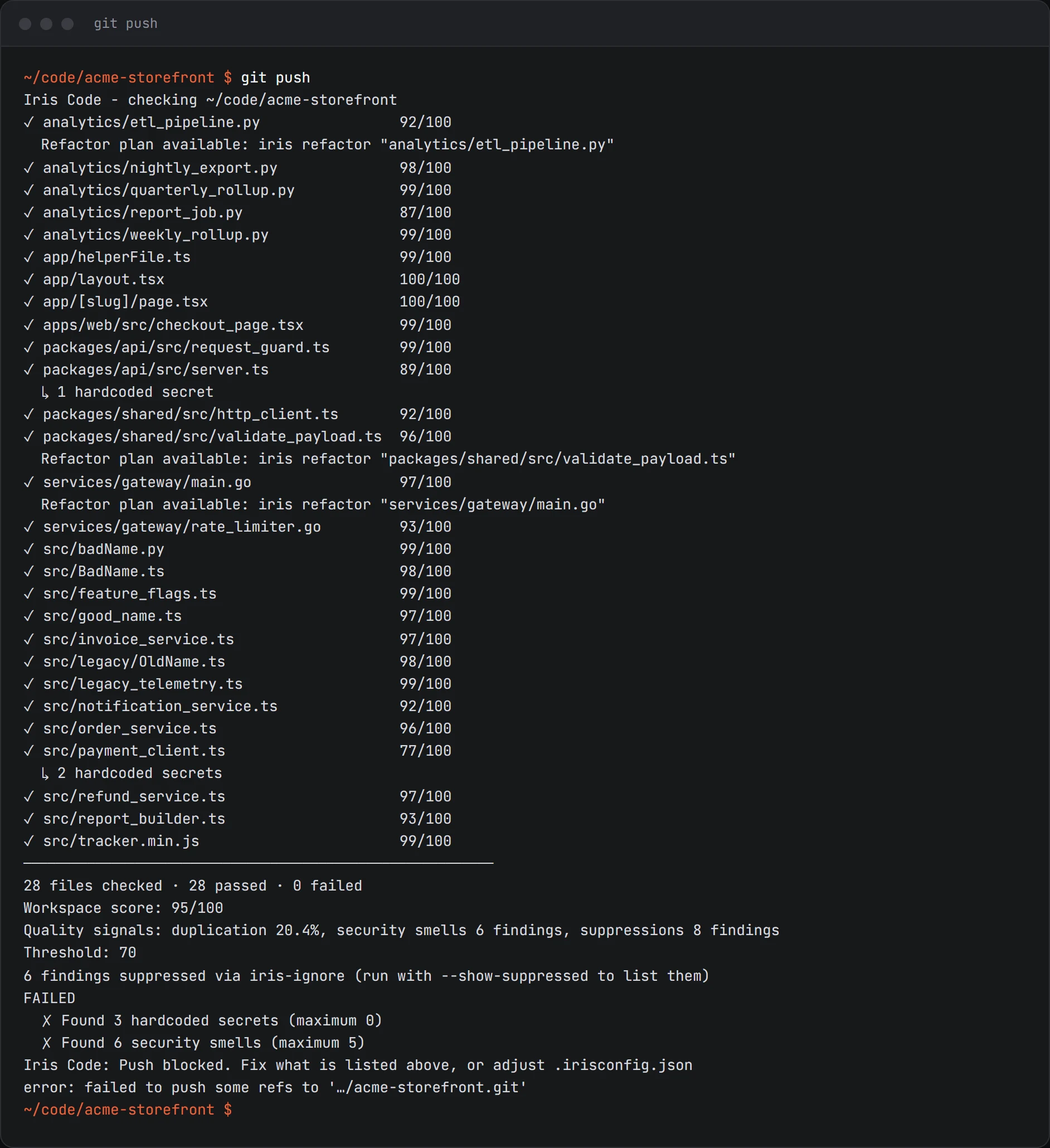 The Iris Code pre-push hook blocking git push because the project has 3 hardcoded secrets and more security smells than its limit allows