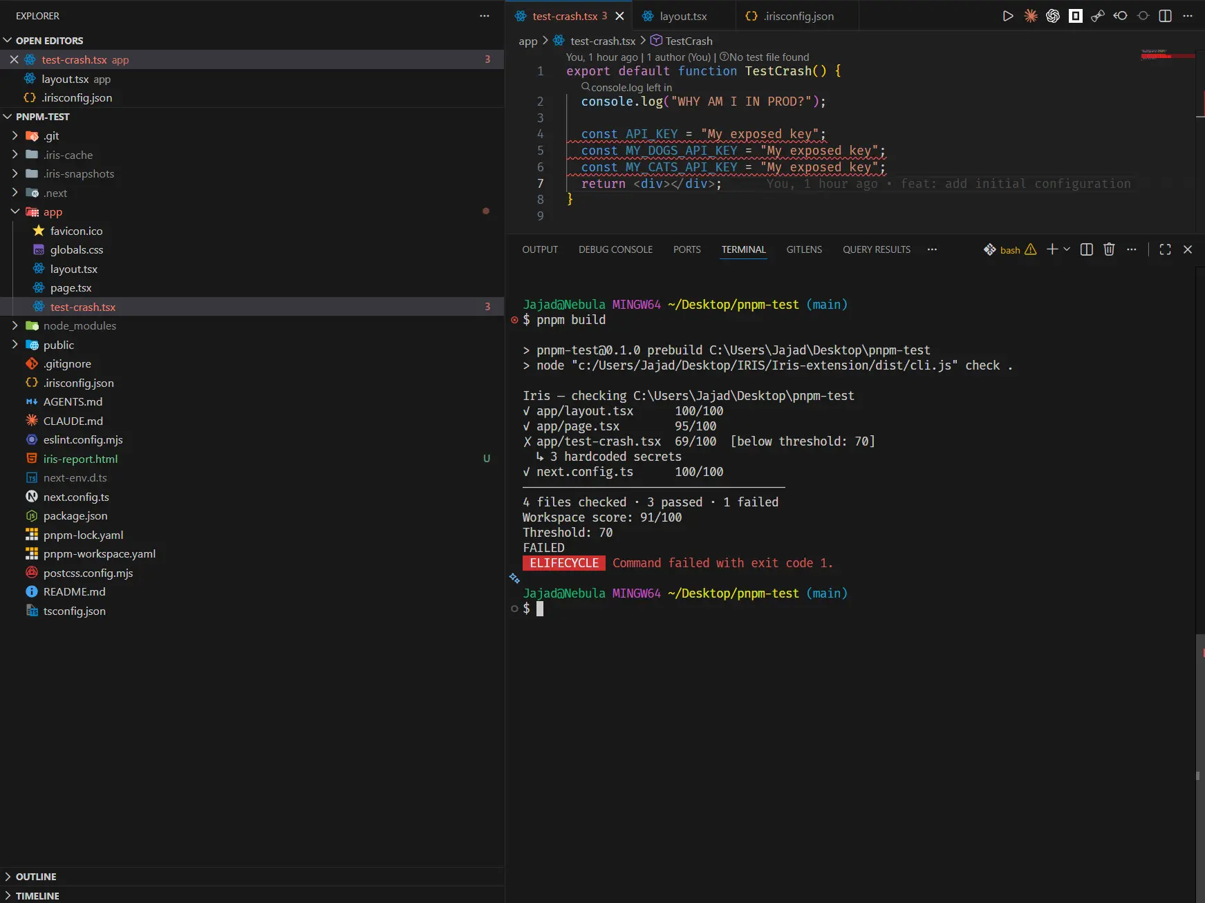 Iris Code stopping a build because the local workspace gate failed