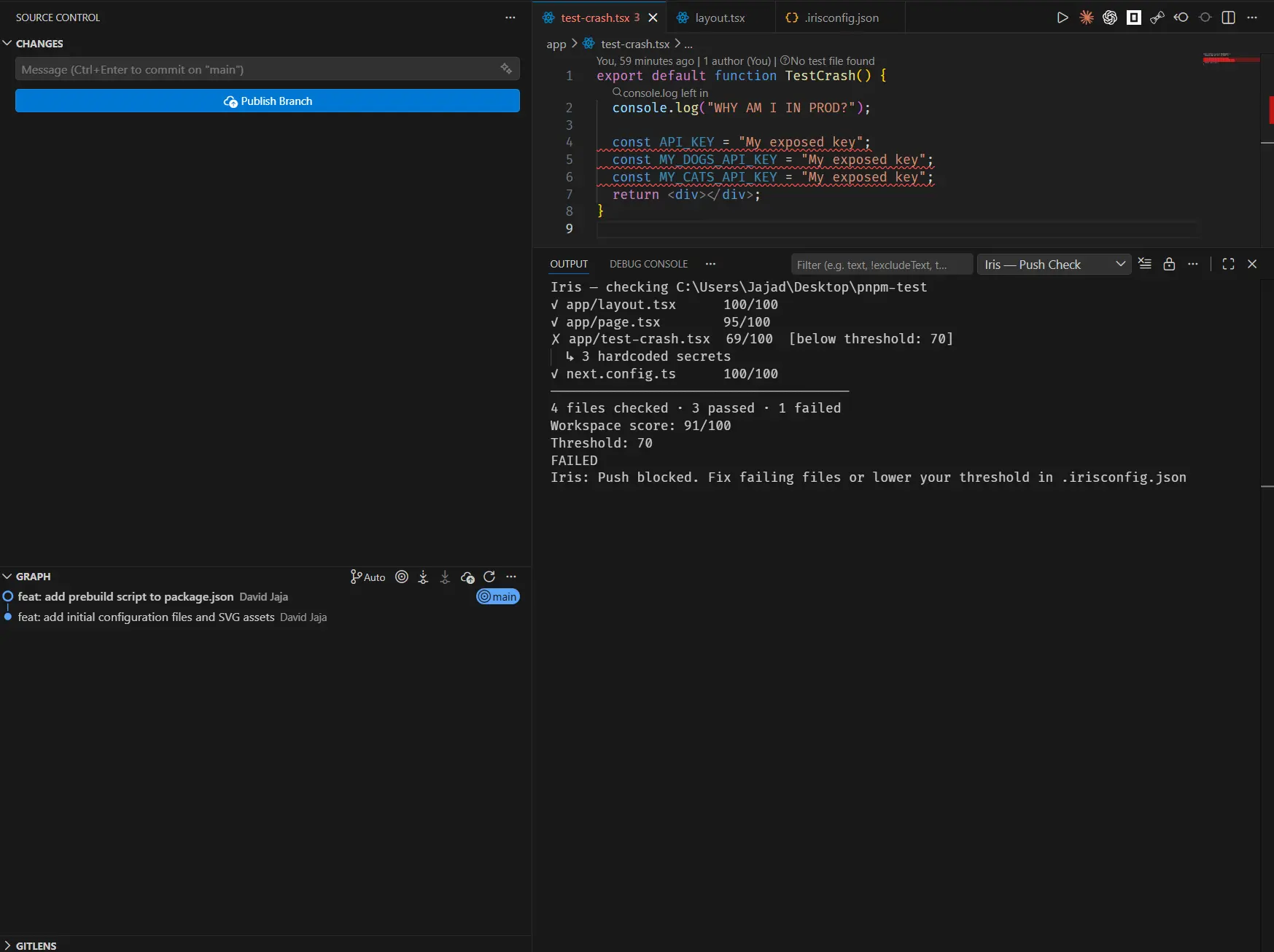 Iris Code blocking a git push after detecting a below-threshold file and hardcoded secrets